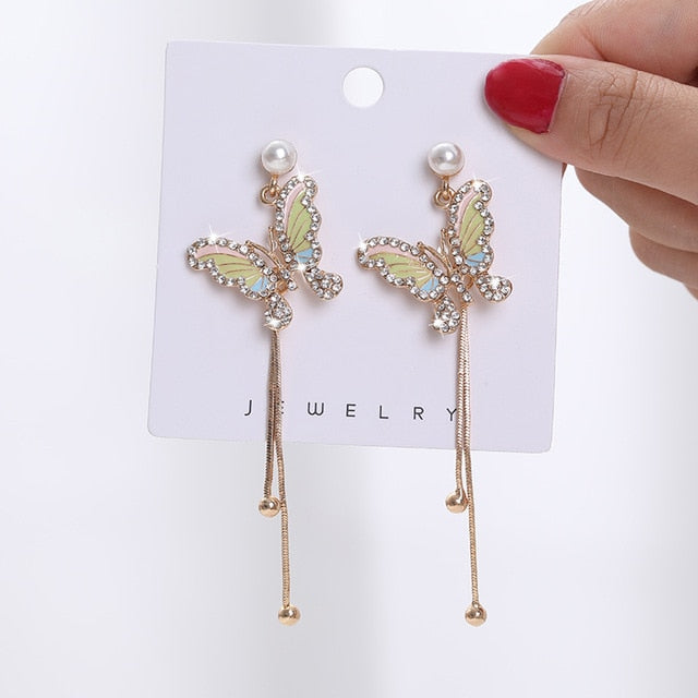 Long Earrings Women Bow Tassel Earings Front and Back Crystal Bow Tassel Earrings Female Long Temperament  Butterfly Earrings