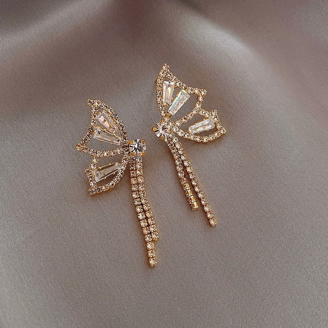 Long Earrings Women Bow Tassel Earings Front and Back Crystal Bow Tassel Earrings Female Long Temperament  Butterfly Earrings