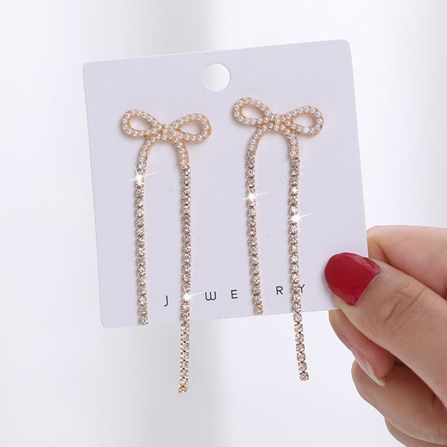 Long Earrings Women Bow Tassel Earings Front and Back Crystal Bow Tassel Earrings Female Long Temperament  Butterfly Earrings