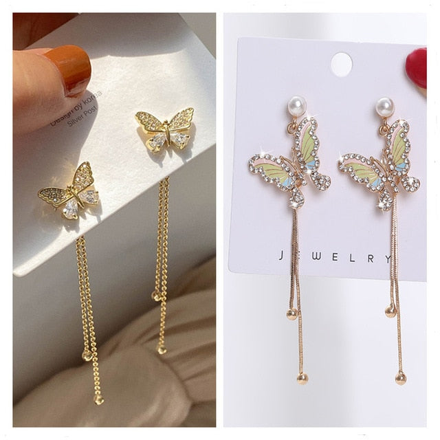 Long Earrings Women Bow Tassel Earings Front and Back Crystal Bow Tassel Earrings Female Long Temperament  Butterfly Earrings