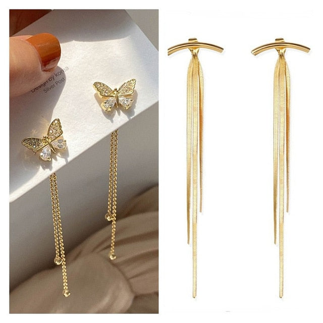 Long Earrings Women Bow Tassel Earings Front and Back Crystal Bow Tassel Earrings Female Long Temperament  Butterfly Earrings