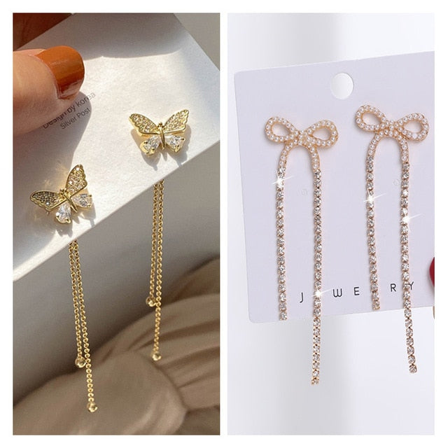 Long Earrings Women Bow Tassel Earings Front and Back Crystal Bow Tassel Earrings Female Long Temperament  Butterfly Earrings