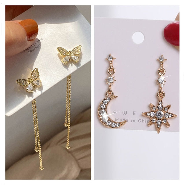 Long Earrings Women Bow Tassel Earings Front and Back Crystal Bow Tassel Earrings Female Long Temperament  Butterfly Earrings