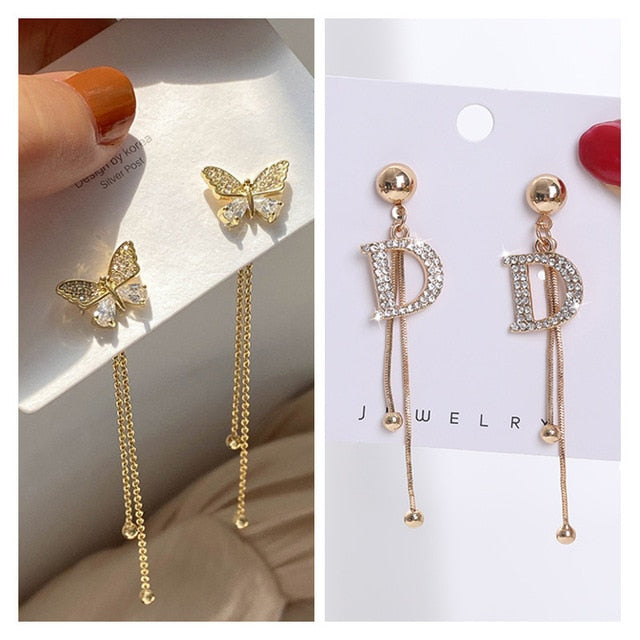 Long Earrings Women Bow Tassel Earings Front and Back Crystal Bow Tassel Earrings Female Long Temperament  Butterfly Earrings