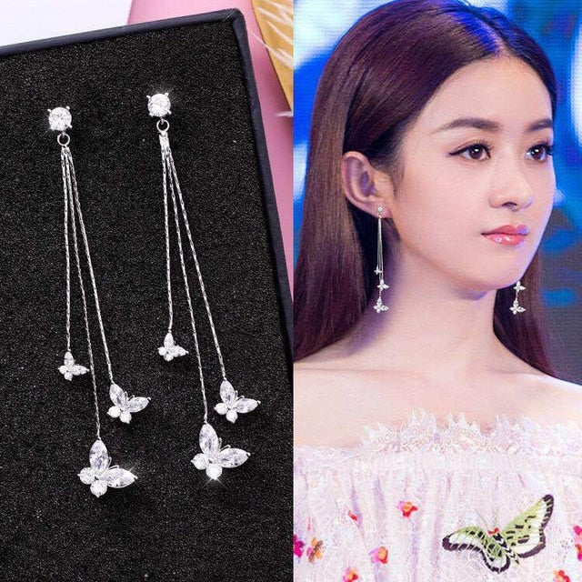 Long Earrings Women Bow Tassel Earings Front and Back Crystal Bow Tassel Earrings Female Long Temperament  Butterfly Earrings