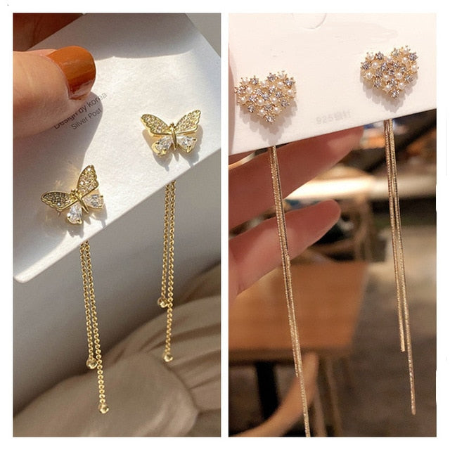 Long Earrings Women Bow Tassel Earings Front and Back Crystal Bow Tassel Earrings Female Long Temperament  Butterfly Earrings