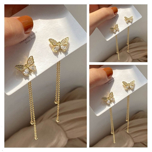 Long Earrings Women Bow Tassel Earings Front and Back Crystal Bow Tassel Earrings Female Long Temperament  Butterfly Earrings