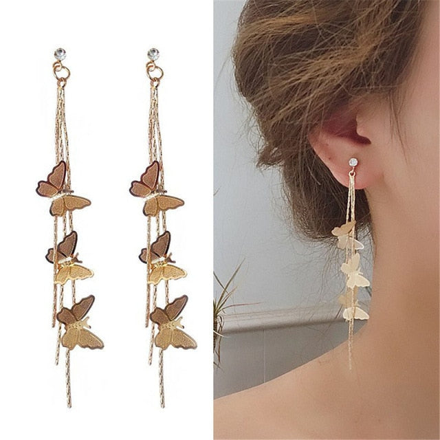 Long Earrings Women Bow Tassel Earings Front and Back Crystal Bow Tassel Earrings Female Long Temperament  Butterfly Earrings