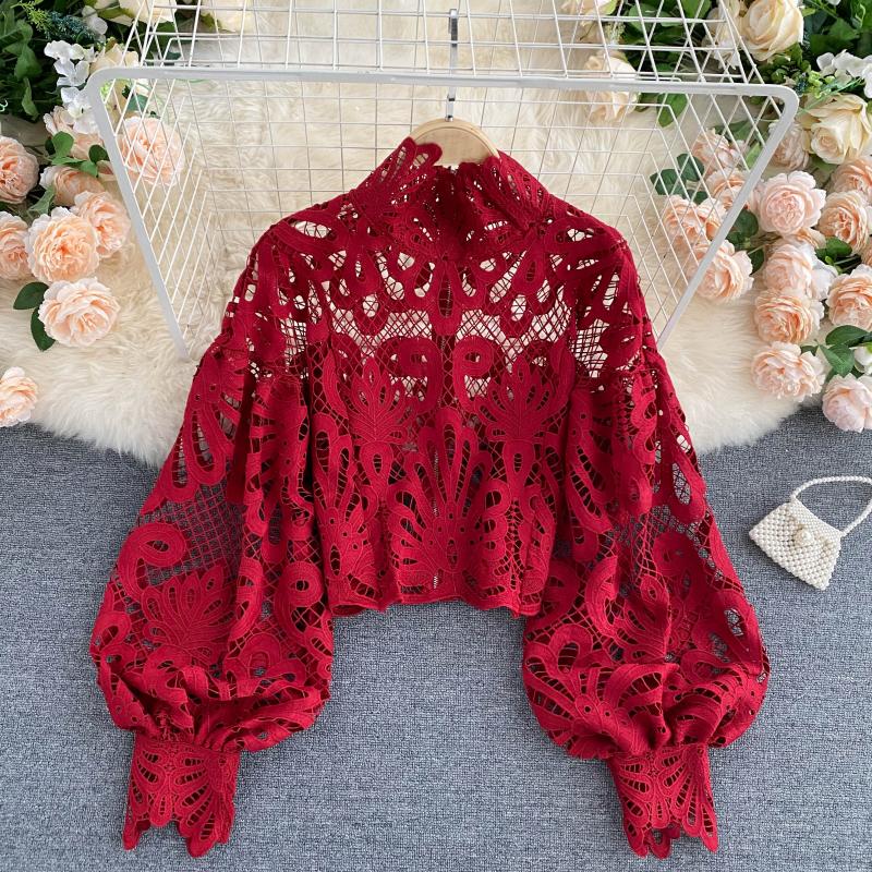 Sexy Lace Hollow Out Short Blouse Casual Lantern Long Sleeve Stand Collar Shirts Female Elegant Red/Pink/White Loose Tops 2020