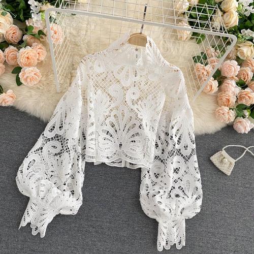 Sexy Lace Hollow Out Short Blouse Casual Lantern Long Sleeve Stand Collar Shirts Female Elegant Red/Pink/White Loose Tops 2020