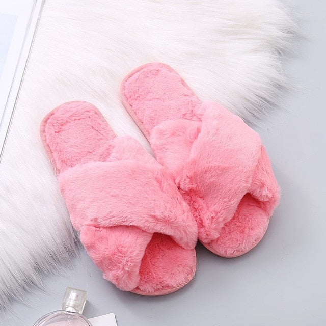 Winter Women House Slippers Faux Fur Fashion Warm Shoes Woman Slip on Flats Female Slides Black Pink cozy home  furry slippers