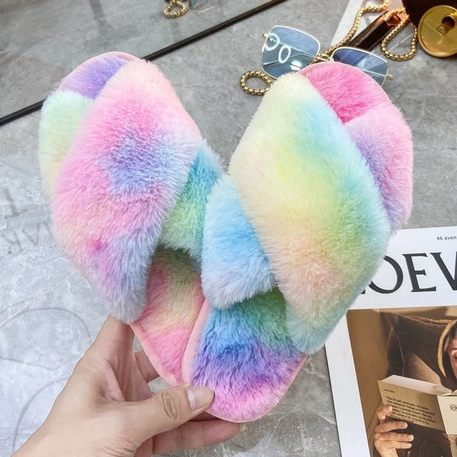 Winter Women House Slippers Faux Fur Fashion Warm Shoes Woman Slip on Flats Female Slides Black Pink cozy home  furry slippers