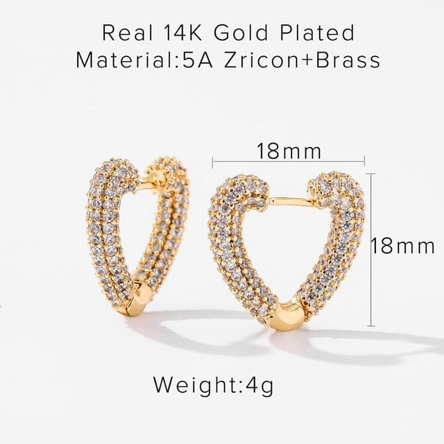 14K Real Gold Plated Brass Cuff Stud Earrings Heart square Shiny Full Zircon Diamond Hoop Earrings