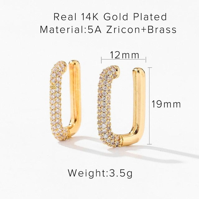 14K Real Gold Plated Brass Cuff Stud Earrings Heart square Shiny Full Zircon Diamond Hoop Earrings