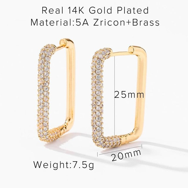 14K Real Gold Plated Brass Cuff Stud Earrings Heart square Shiny Full Zircon Diamond Hoop Earrings