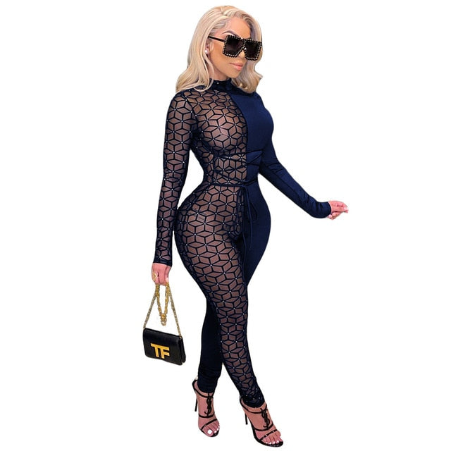 Adogirl Sheer Mesh Patchwork Women Sexy Lace Up Jumpsuit Turtleneck Long Sleeve One Piece Overall Night Club Party Romper