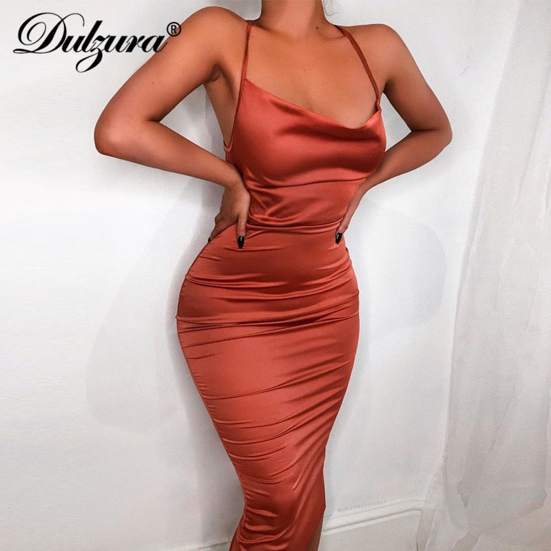 Dulzura Satin Lace Up Summer Bodycon Long Midi Sleeveless Backless elegant Party Sexy club Dress