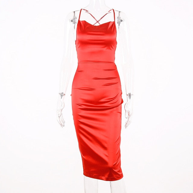 Dulzura Satin Lace Up Summer Bodycon Long Midi Sleeveless Backless elegant Party Sexy club Dress