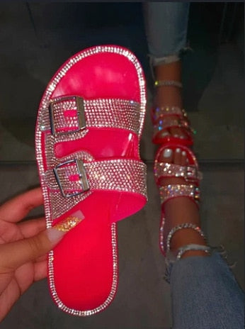 Summer Luxury Women Slippers Rhinestone Flat Double Buckle Decoration Open Toe Lightcolor Fashion Sexy Ladies Shoes Female 2020