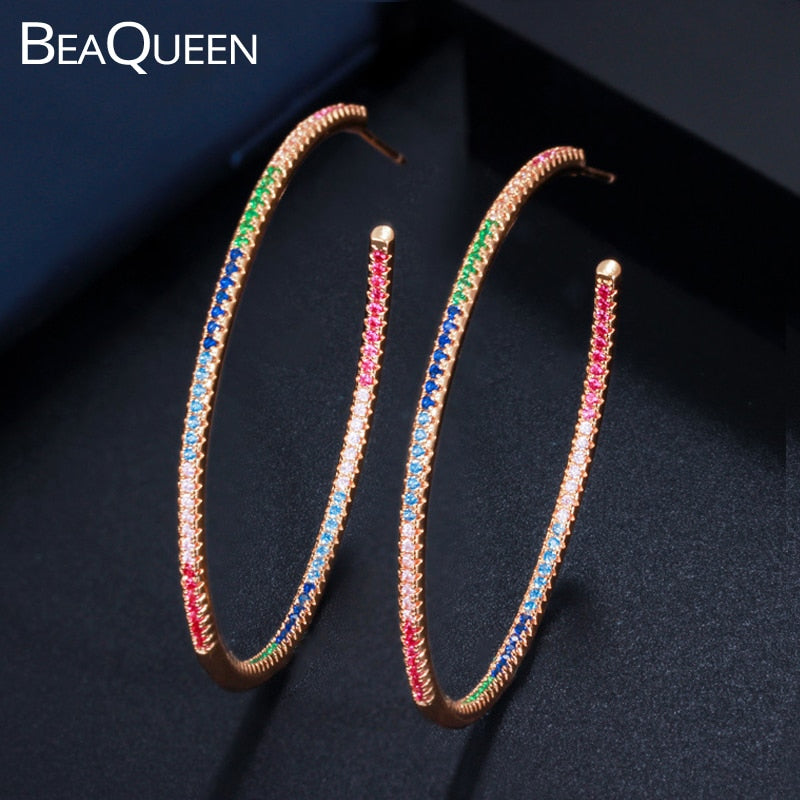 BeaQueen Creative Dubai Gold Color Round Shape Double Side Full Paved Colorful Cubic Zircon Big Circle Hoop Earring Jewelry E297