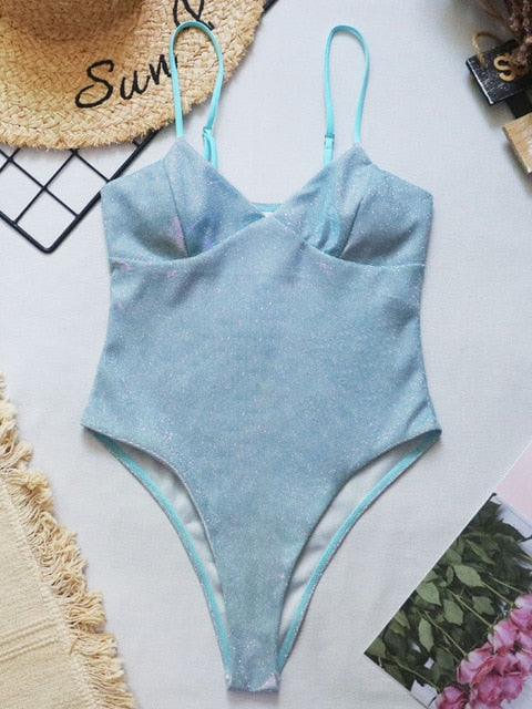 New Sexy Shiny High Cut Push Up One Piece Swimsuit Women Swimwear Female High Cut Monokini Bather Bathing Suit Swim Lady