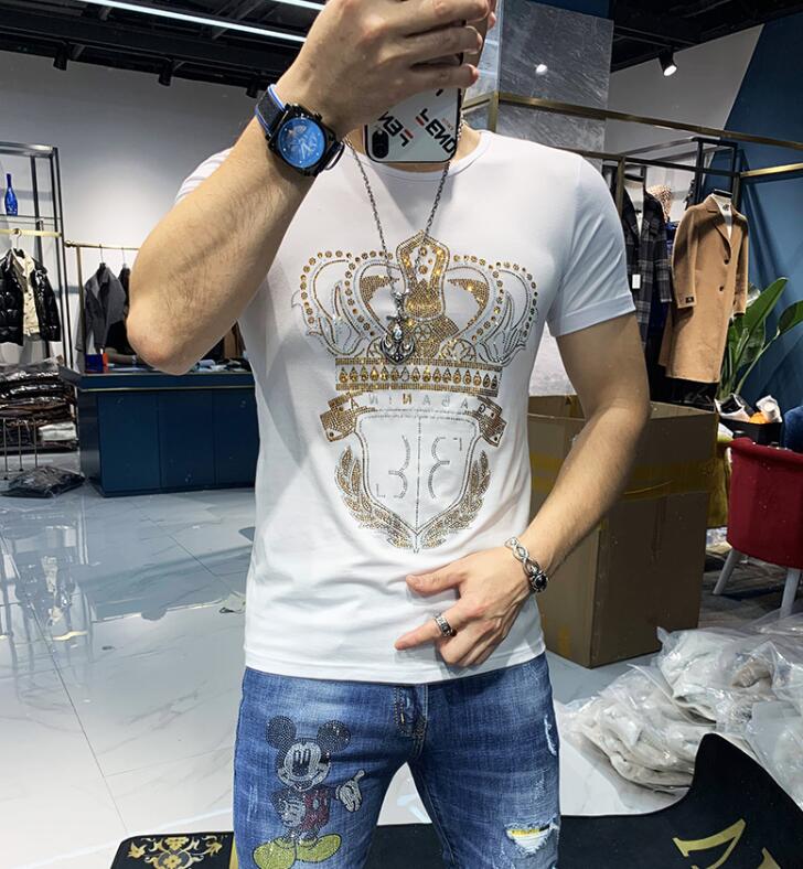 New  Rhinestones top quality  T Shirts Mens Fashion Hot drill Clothing Streetwear Short Sleeve O Neck   Cotton