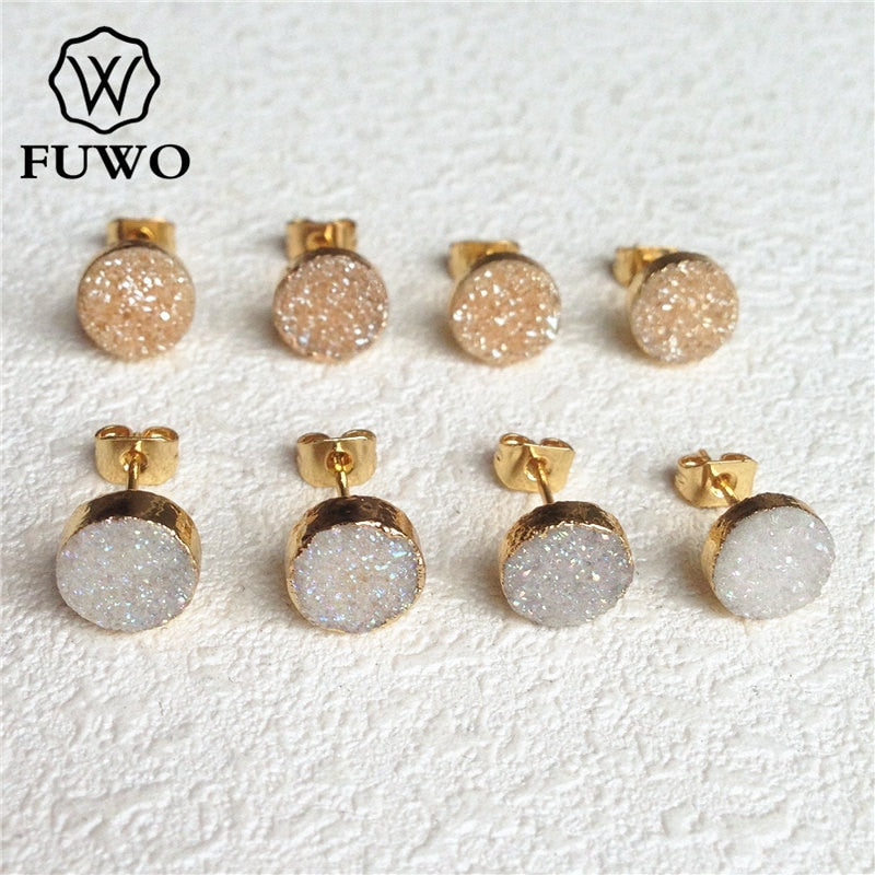 FUWO Natural Druzy Stud Earrings With 24K Gold Color Plated Minimalist Design Crystal Cluster Jewelry Wholesale ER035