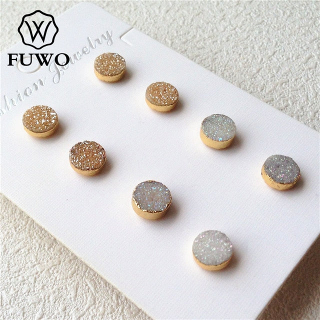 FUWO Natural Druzy Stud Earrings With 24K Gold Color Plated Minimalist Design Crystal Cluster Jewelry Wholesale ER035