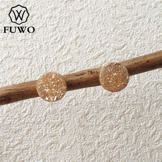 FUWO Natural Druzy Stud Earrings With 24K Gold Color Plated Minimalist Design Crystal Cluster Jewelry Wholesale ER035