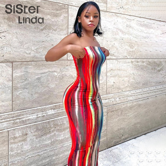 Tie Dye Skinny Strapless Maxi Dresses For Women Casual Street Sleeveless Sexy Tube Clubwear Party Birthday Dress Summer Clothes