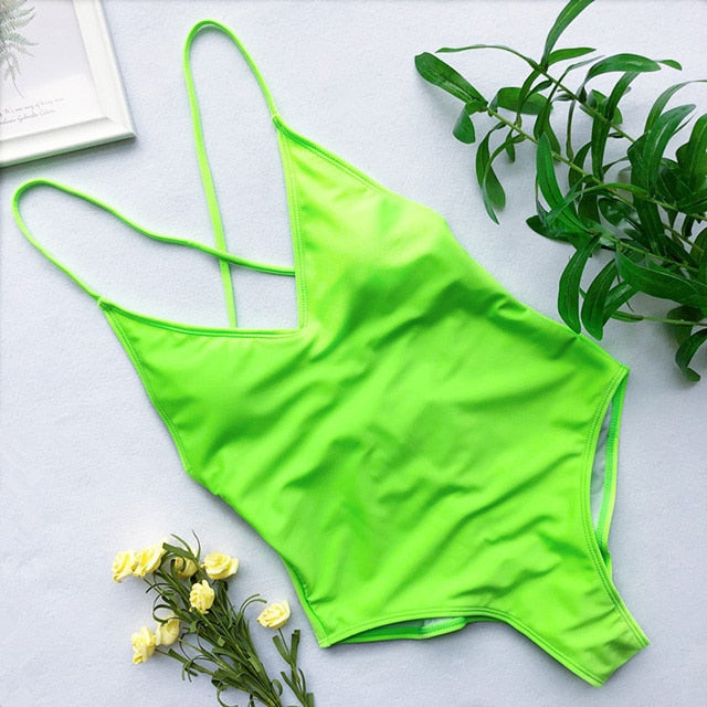 2021 V Neck Female Swimwear One Piece Swimsuit Women Backless Monokini Sexy Bather Plus size High cut Bathing Suit Swim Bodysuit