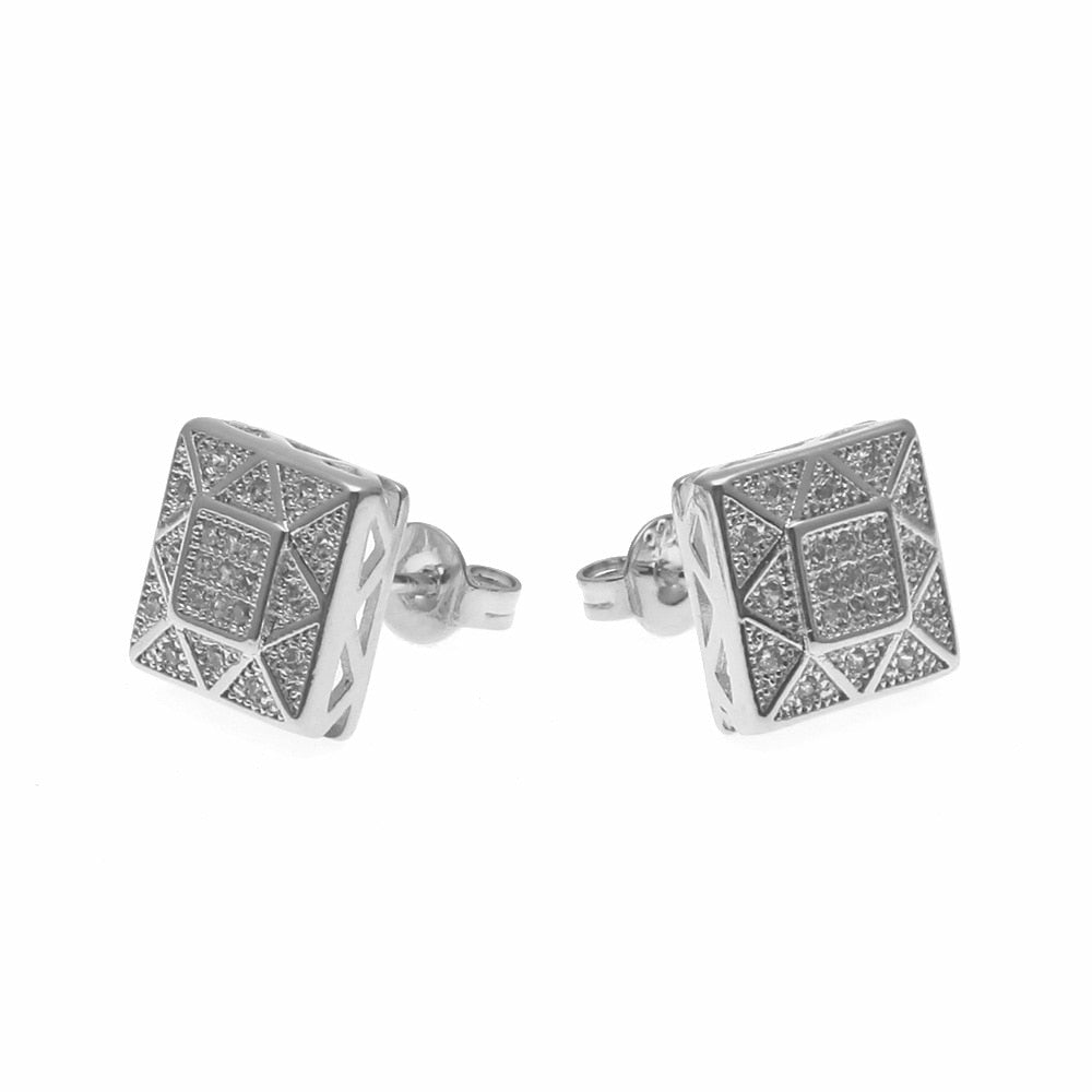 Hip Hop Iced Out Zirconia Simulated Diamond Silver Gold Color Push-back Square Stud Earrings for Men Women Fashion Jewelry