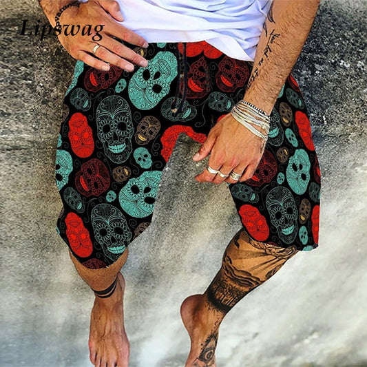 Vintage Skull Print Men Cotton Linen Shorts Casual Loose Drawstring Beach Short Pant For Male 2021 Summer Fashion Streetwear 4XL