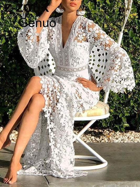 Women Dresses Lace Dress Flare Sleeve V-neck Hollow Out Long Sleeve White Plus Size Sexy Long Dresses  Party Evening