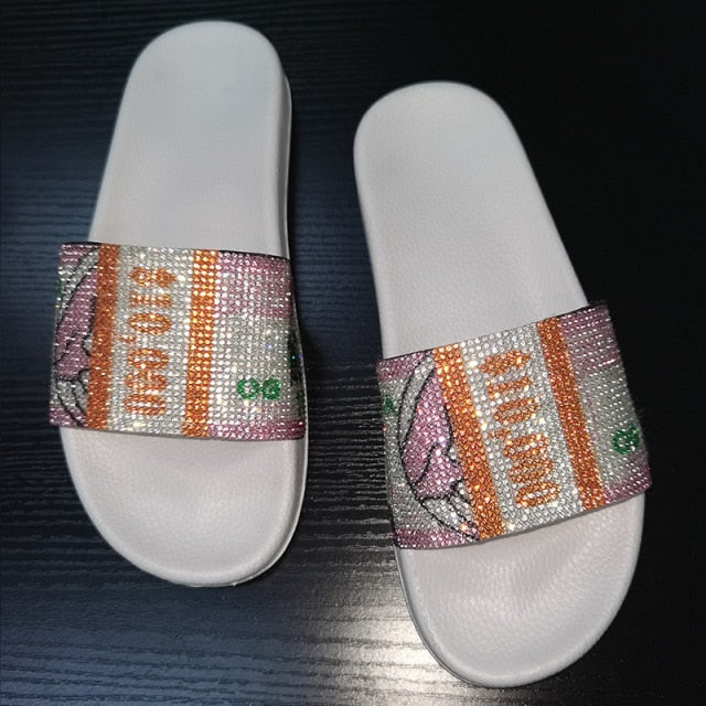 Women Fashion Wear Sandals Ladies Colorful Diamond Dollar Shoes Female Outdoor Slippers Girl's Rhinestone Flip Flops Bling Bling