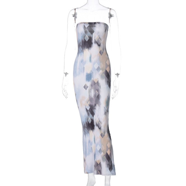 Tie Dye Skinny Strapless Maxi Dresses For Women Casual Street Sleeveless Sexy Tube Clubwear Party Birthday Dress Summer Clothes