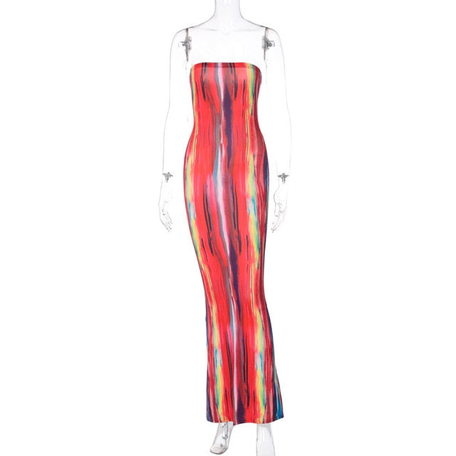 Tie Dye Skinny Strapless Maxi Dresses For Women Casual Street Sleeveless Sexy Tube Clubwear Party Birthday Dress Summer Clothes