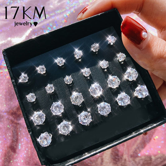 17KM Vintage Cubic Zirconia Round Stud Earrings Set Silver Color Crystal Rhinestone Bow Earrings Brinco Jewelry