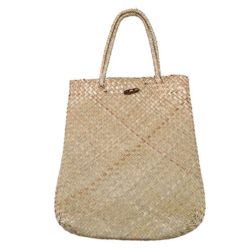 WHISM Rattan Grass Shoulder Bags Straw Women's Knitting Handbags Handmade Storage Bag Travel Wicker Storage Basket with Button