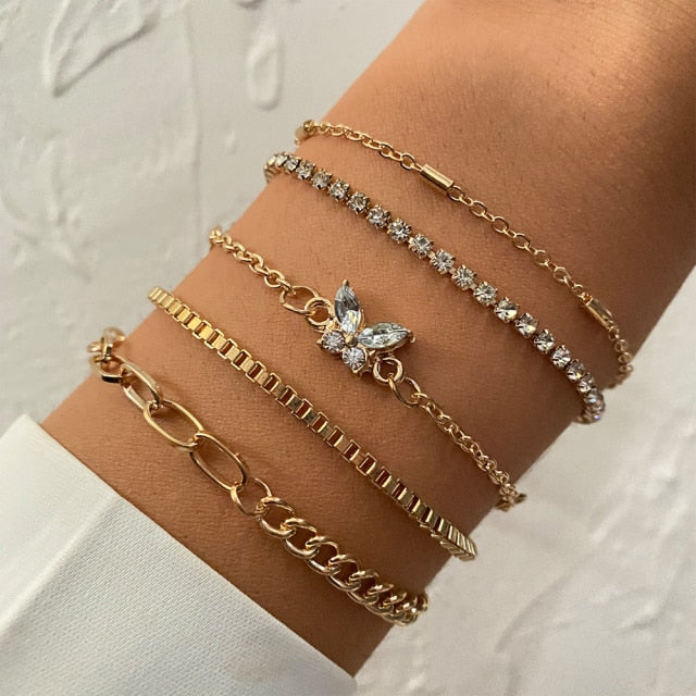 5 Pcs/Set Punk Gold Crystal Thick Chain Bracelet Bohemian Geometric Chain OT Buckle Bracelet Set Jewelry Girl Party Gift