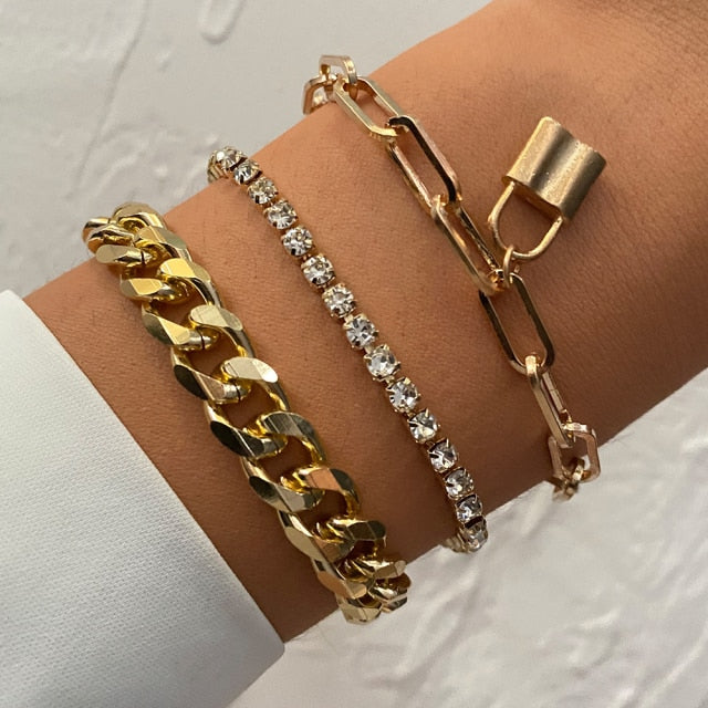 5 Pcs/Set Punk Gold Crystal Thick Chain Bracelet Bohemian Geometric Chain OT Buckle Bracelet Set Jewelry Girl Party Gift