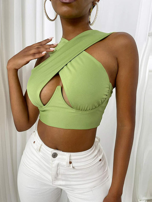 Womens Criss Cross Tank Tops Sexy Sleeveless Solid Color Cutout Front Crop Tops Party Club Streetwear Summer Lady Bustier Tops