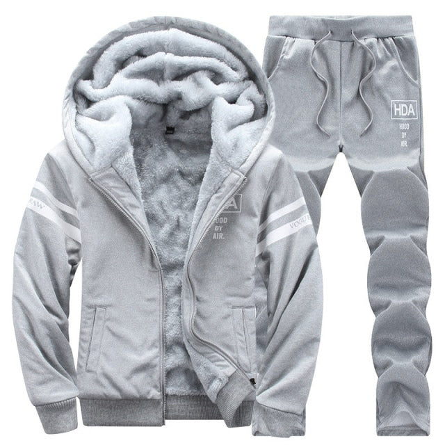 Inner Fur Mens Tracksuits Winter Casual Fleece Lined Sweatshirts Men 2 Piece Set