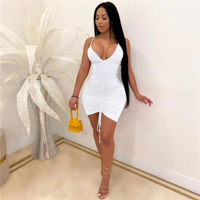 Inwoman White Black Sexy Bodycon Dress Women backless bandage Wrap Pleated Ruched Mini Dress Short Party Summer Dress 2021