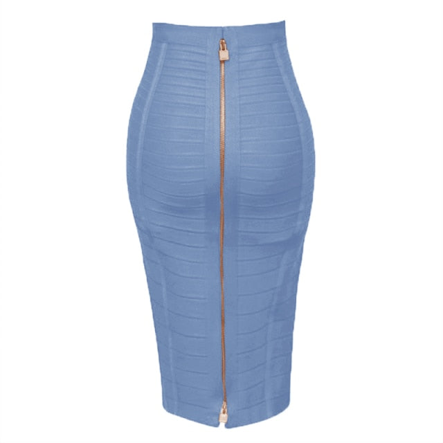 Sexy Solid Zip Up Bandage Skirt Women Elastic Bodycon Summer Pencil Skirt 58cm