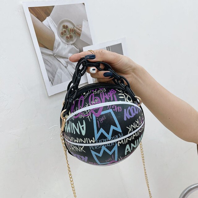 Fashion Graffiti Printing PU Leather Basketball Shape Shoulder Crossbody Messenger Bags Casual Ladies Thick Small Handbags