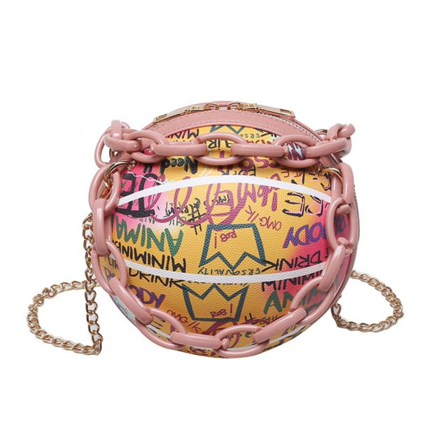 Fashion Graffiti Printing PU Leather Basketball Shape Shoulder Crossbody Messenger Bags Casual Ladies Thick Small Handbags