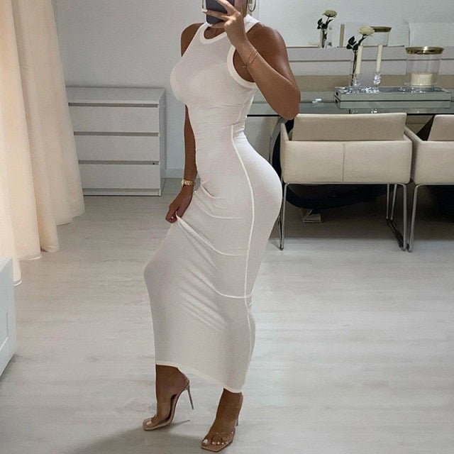 Inwoman Ribbed Knitted Summer Black White Maxi Dress Women 2021 Sexy Party Bodycon Long Dress Sundress Wrap Dresses