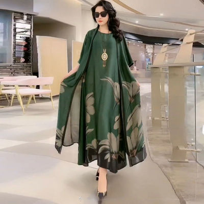 Spring Summer Suit Dresses Female Fashion Loose Oversize 5XL Printed Tops + Dress Womens Short-Sleeved Two-Piece Suit Lady