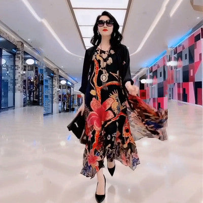 Spring Summer Suit Dresses Female Fashion Loose Oversize 5XL Printed Tops + Dress Womens Short-Sleeved Two-Piece Suit Lady